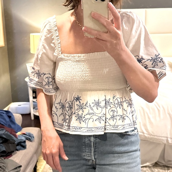 Anthropologie Blue/WhiteSmocked Top - Picture 3 of 4